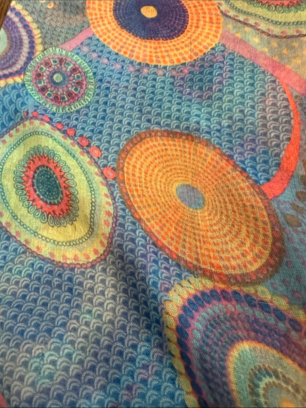 Colorful Circular Pattern Lightweight Infinity Scarf - Blue & Orange - Picture 5 of 6